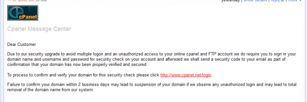 email cpanel scam
